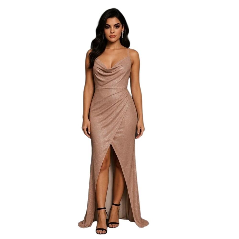 Windsor Metallic Champagne Cowl Neck Drape Front Maxi Gown L